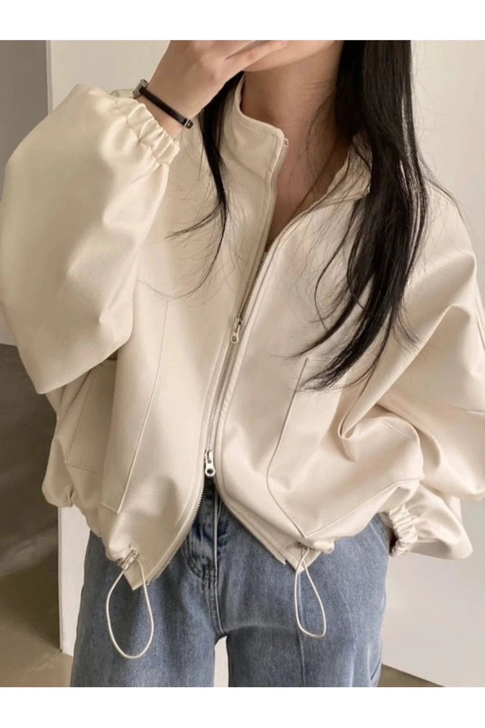 Aesthetic Fall Oversized Faux Leather Bomber Jacket Beige leather coat Shoptery