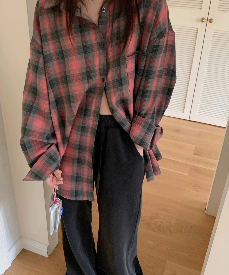 Oversized Plaid Flannel Shirt - Shirts & Tops