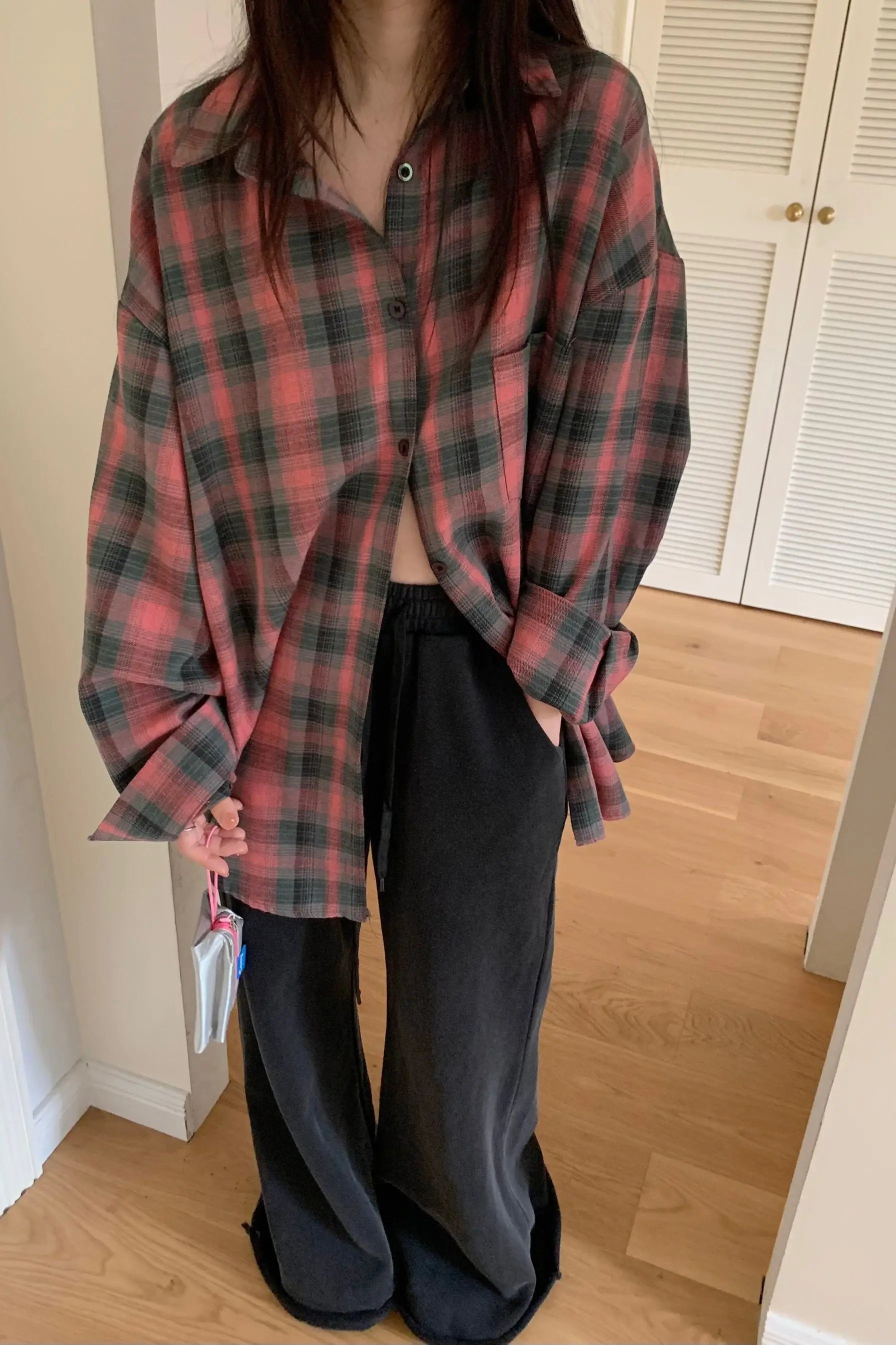 Oversized Plaid Flannel Shirt - Shirts & Tops