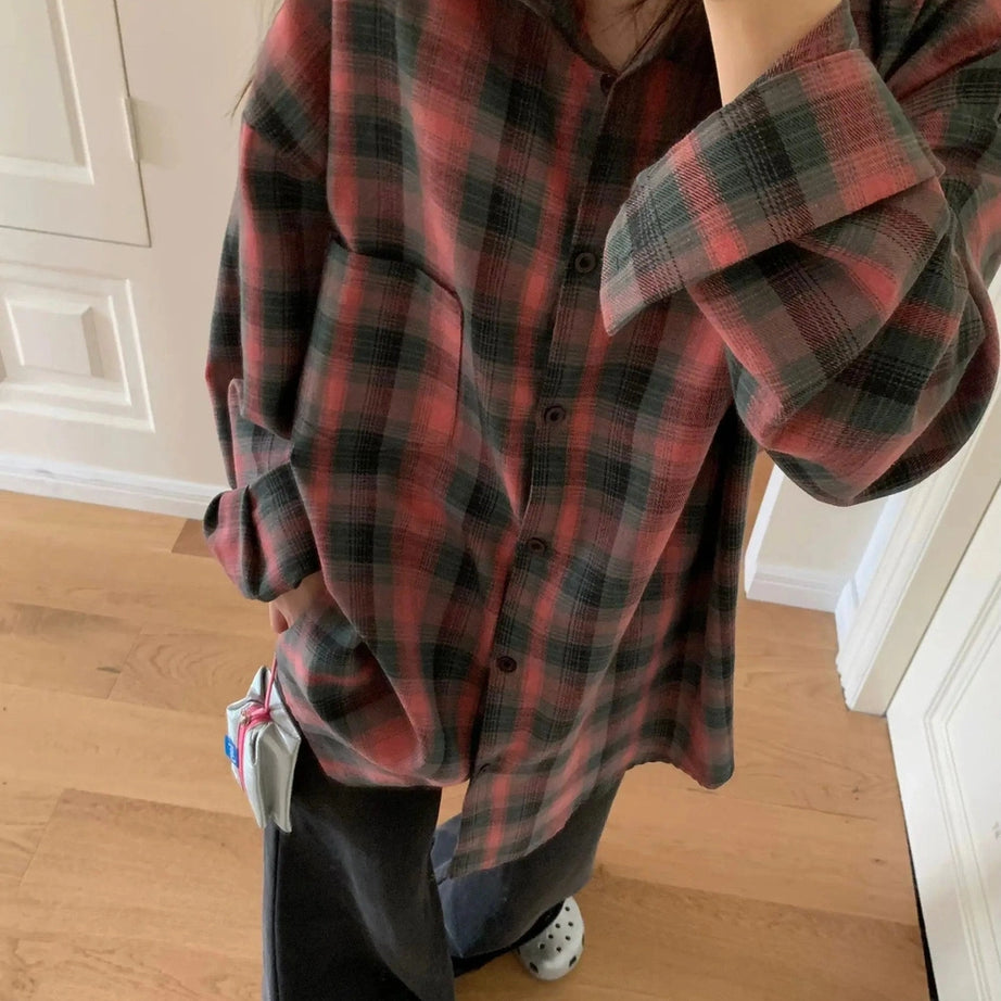 Retro Oversized Plaid Flannel Shirt Shoptery