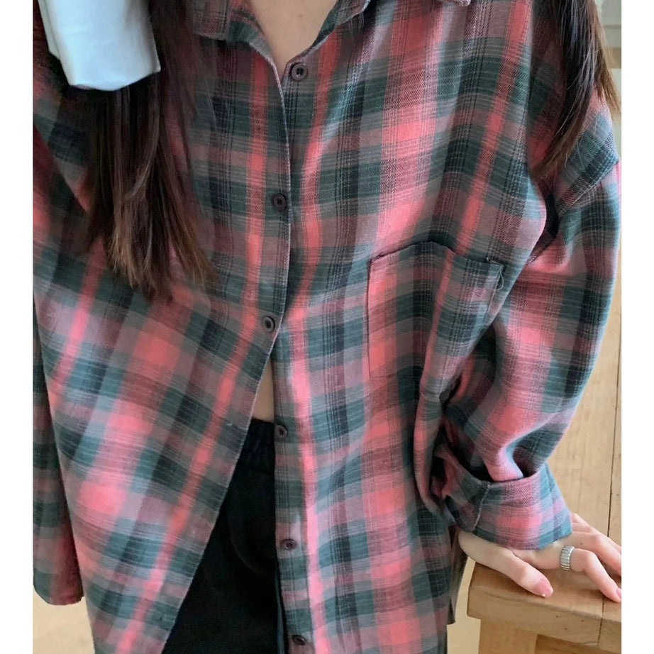 Retro Oversized Plaid Flannel Shirt Shoptery