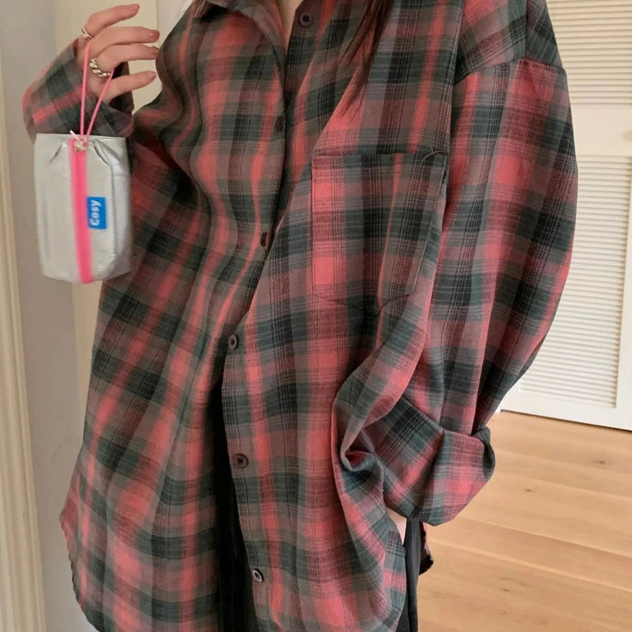 Retro Oversized Plaid Flannel Shirt Shoptery