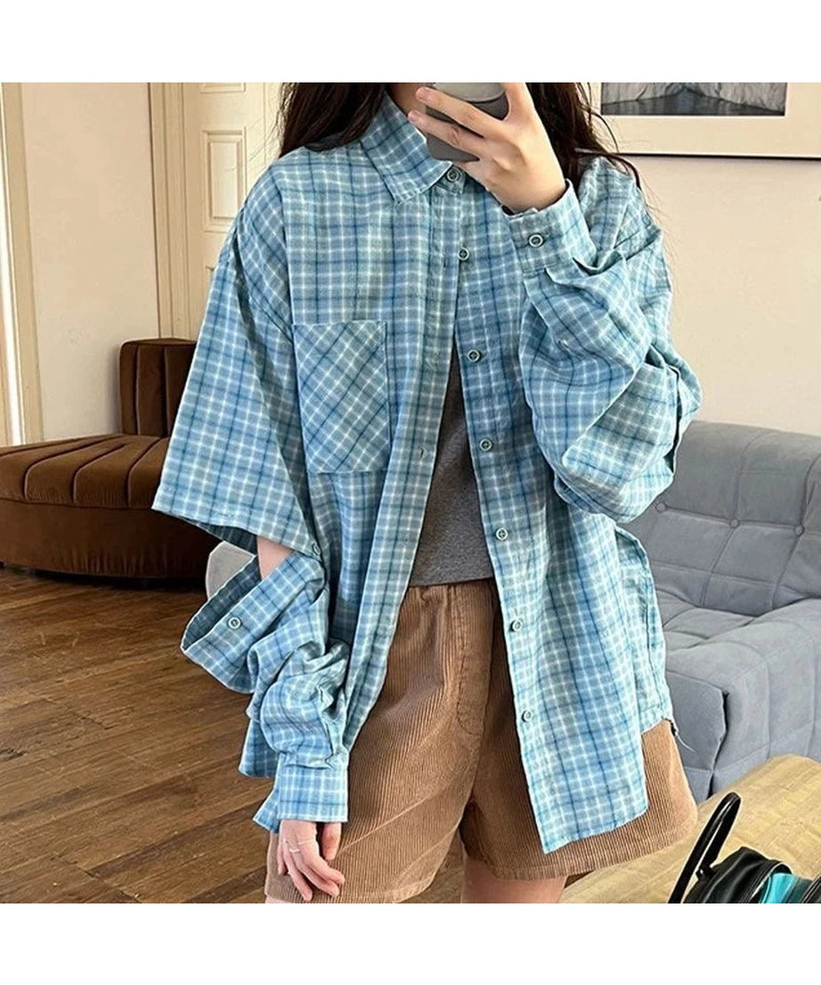 Oversized Sky Plaid Shirt - Shirts