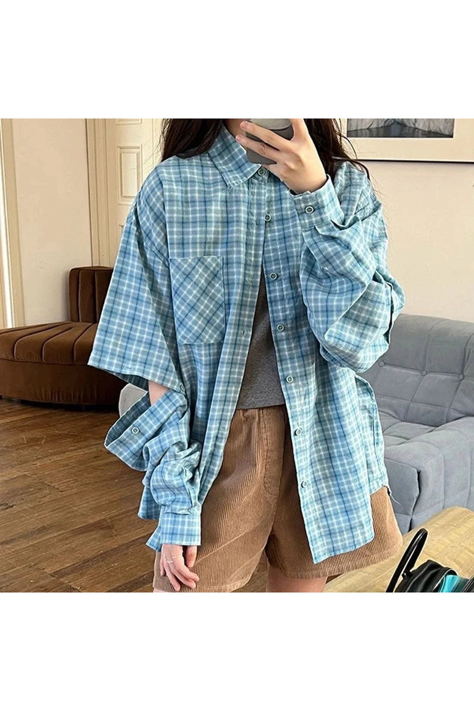 Oversized Sky Plaid Shirt - Shirts