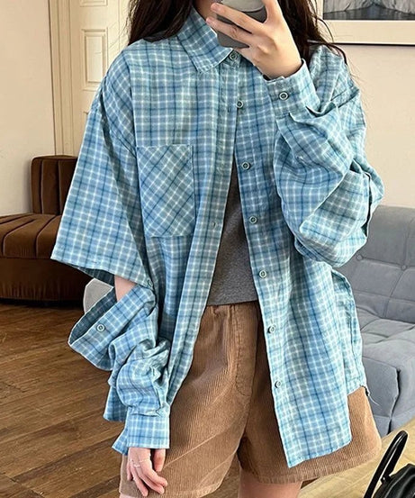 Oversized Sky Plaid Shirt - Shirts