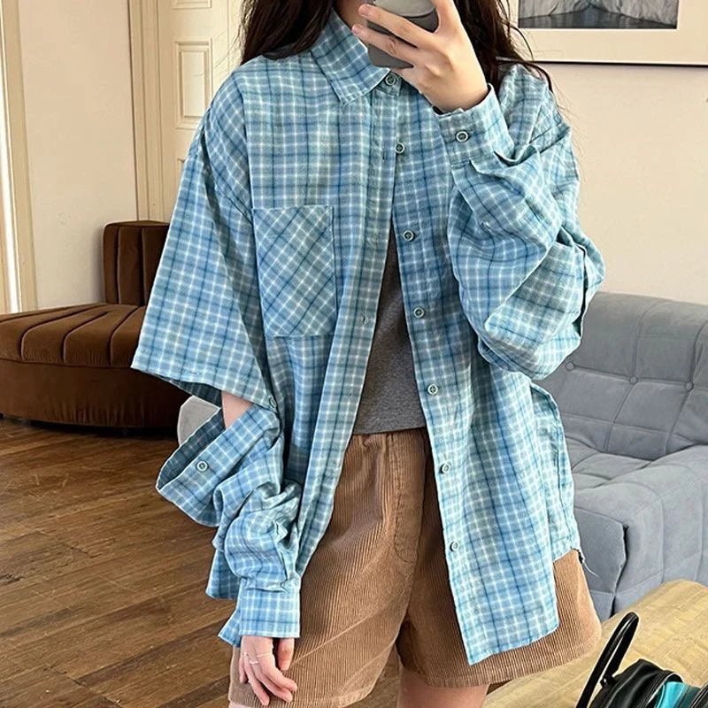 Oversized Sky Plaid Shirt - Shirts