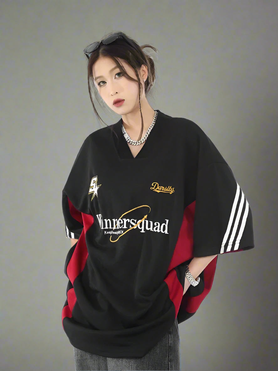 Edgy Oversized Varsity Sport Jersey Top Black Shoptery