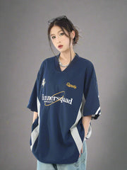 Edgy Oversized Varsity Sport Jersey Top Blue Shoptery