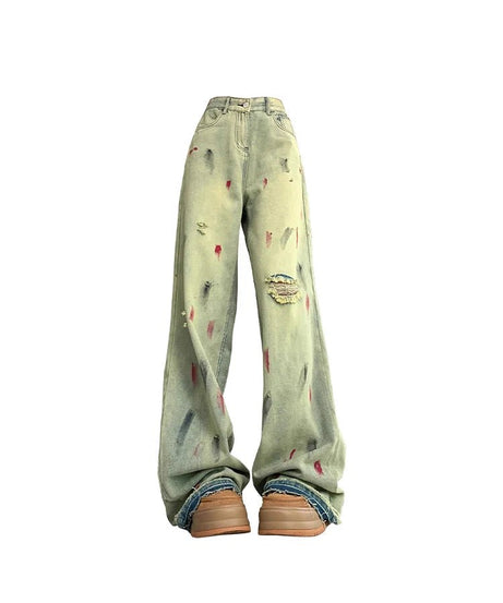 Paint Splatter Grunge Wide - Leg Jeans - Jeans