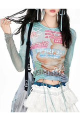 Pastel Cyber Y2k Graphic Mesh Top Shoptery