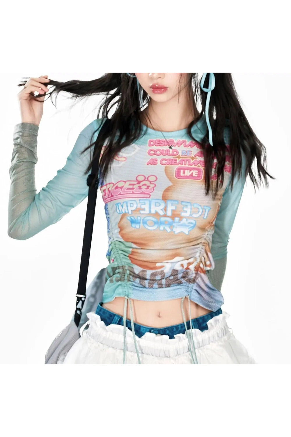 Pastel Cyber Y2k Graphic Mesh Top Shoptery