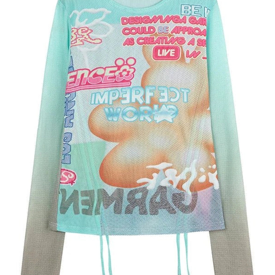 Pastel Cyber Y2k Graphic Mesh Top Shoptery