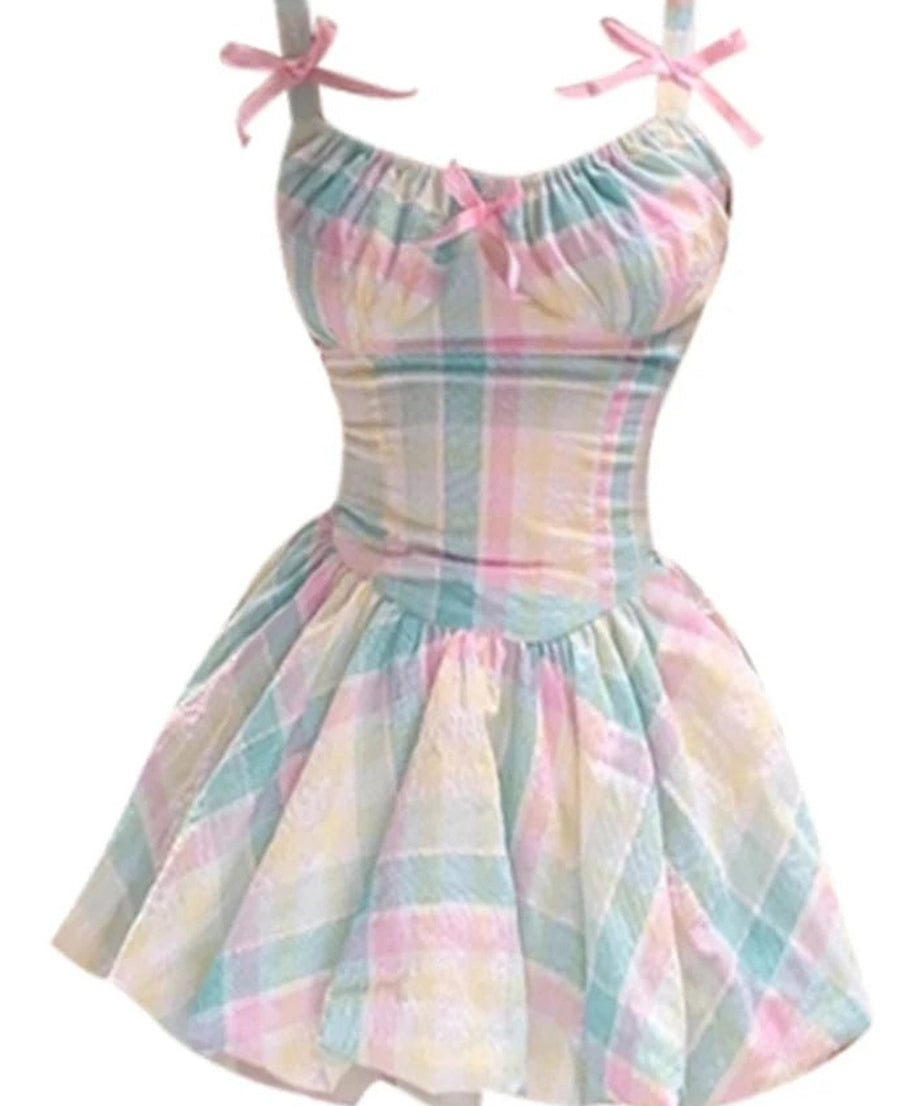 Pastel Plaid Bowknot Dress - Dresses