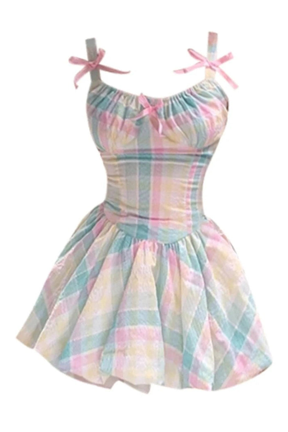 Pastel Plaid Bowknot Dress - Dresses