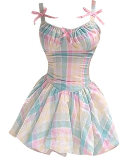 Pastel Plaid Bowknot Dress - Dresses