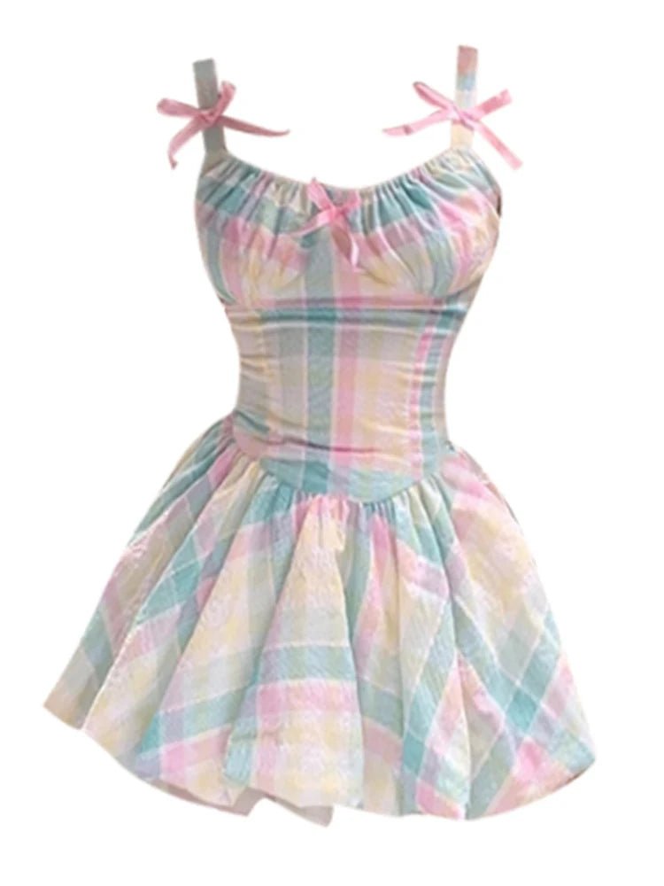 Pastel Plaid Bowknot Dress - Dresses