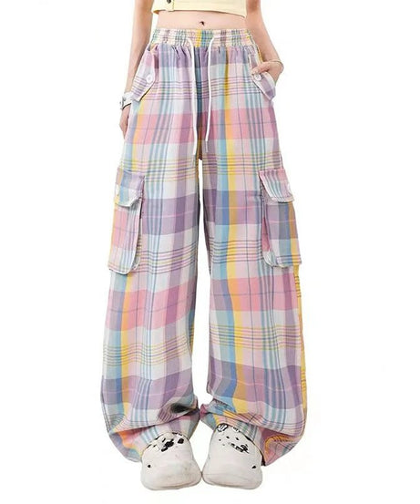 Pastel Plaid Cargo Pants - Pants