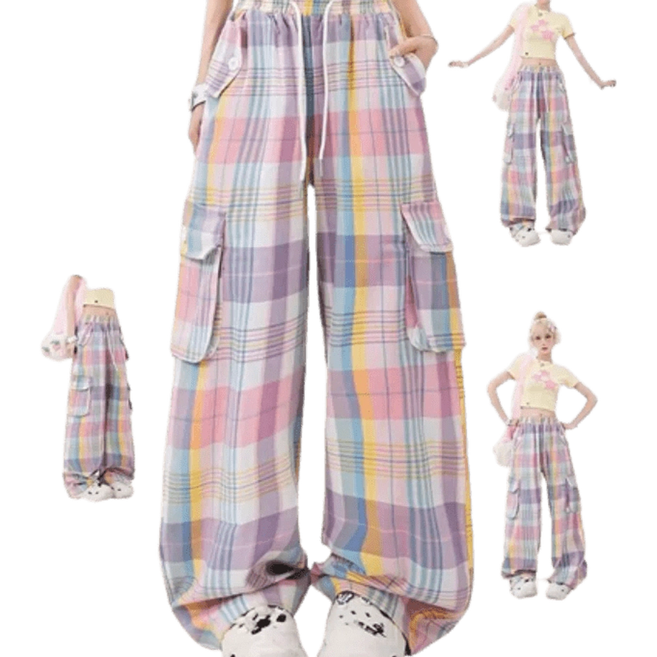 Pastel Cute Plaid Cargo Pants Shoptery