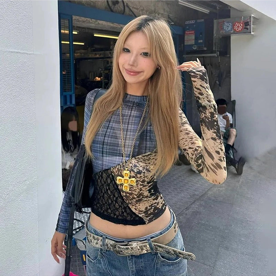 Alt Patchwork Clash Long Sleeve Mesh Top Shoptery