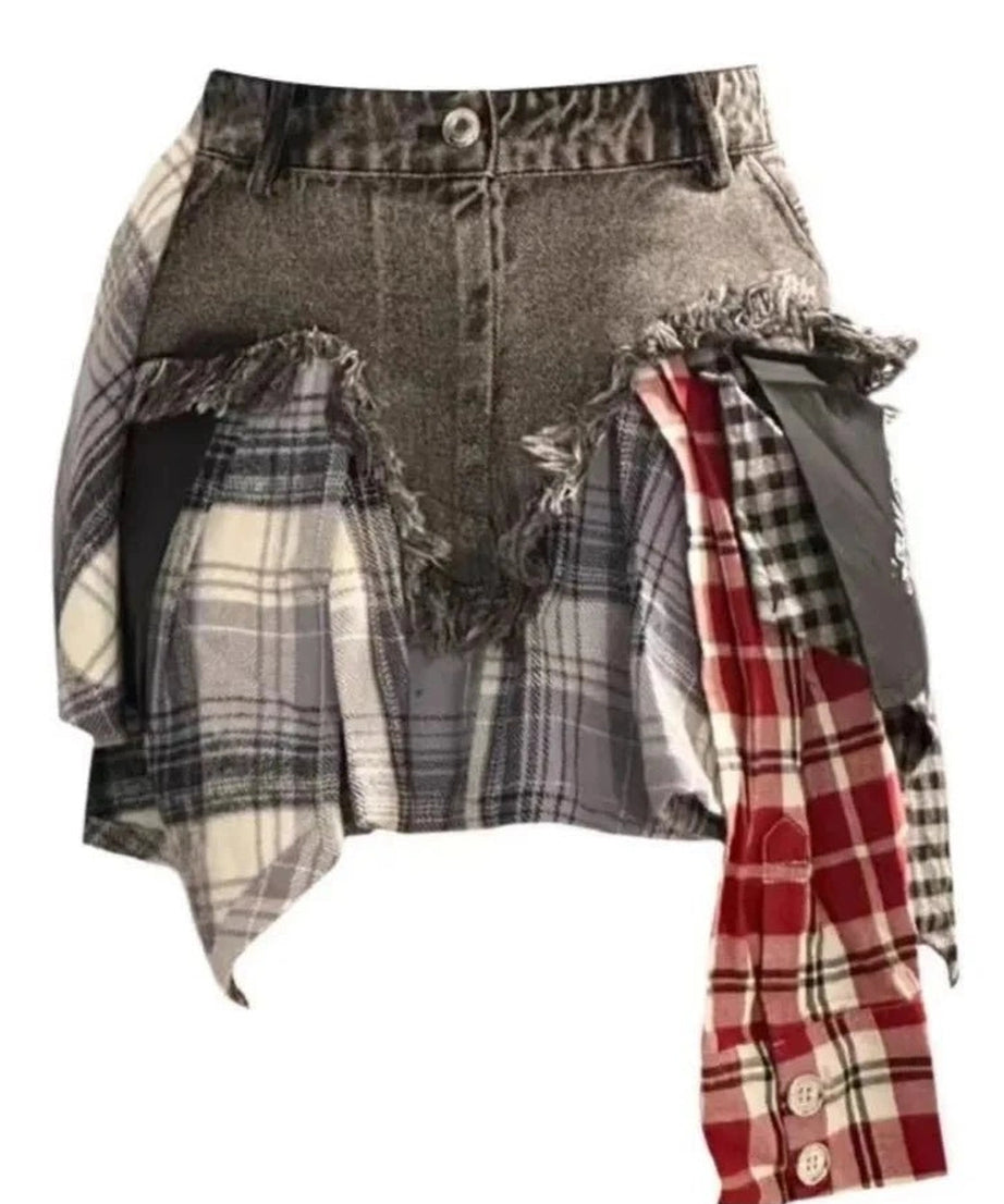 Patchwork Plaid Denim Skirt - Denim Skirt