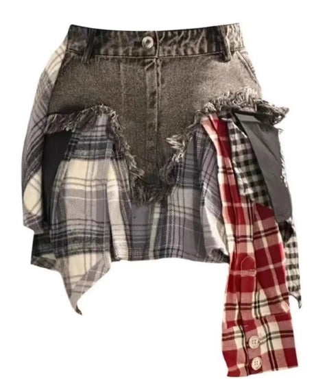 Patchwork Plaid Denim Skirt - Denim Skirt