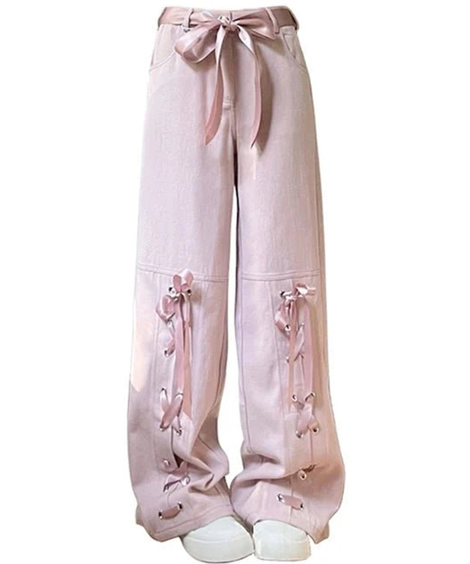 Pink Bow Lace - Up Pants - 