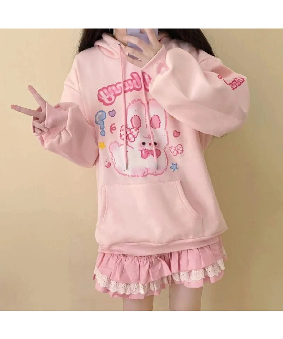 Pink Hoodie Rabbit Print -