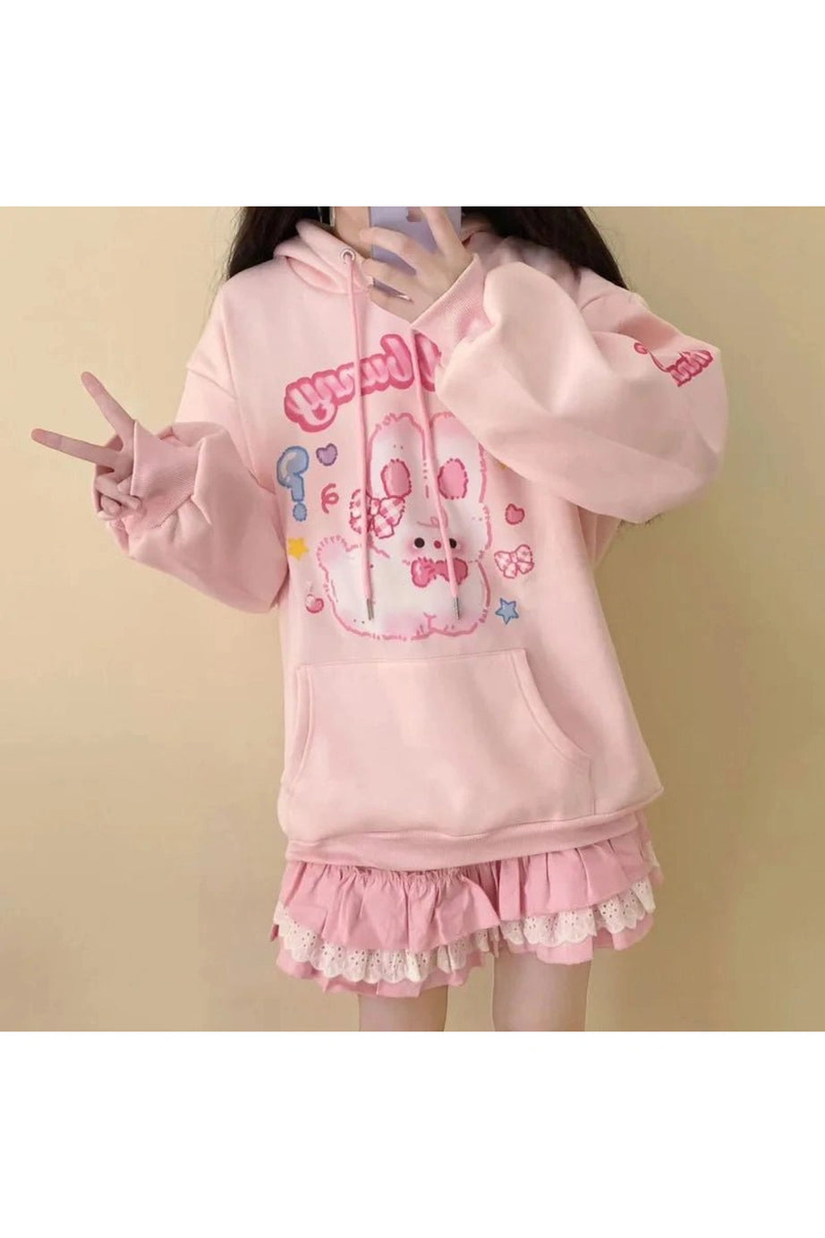 Pink Hoodie Rabbit Print -