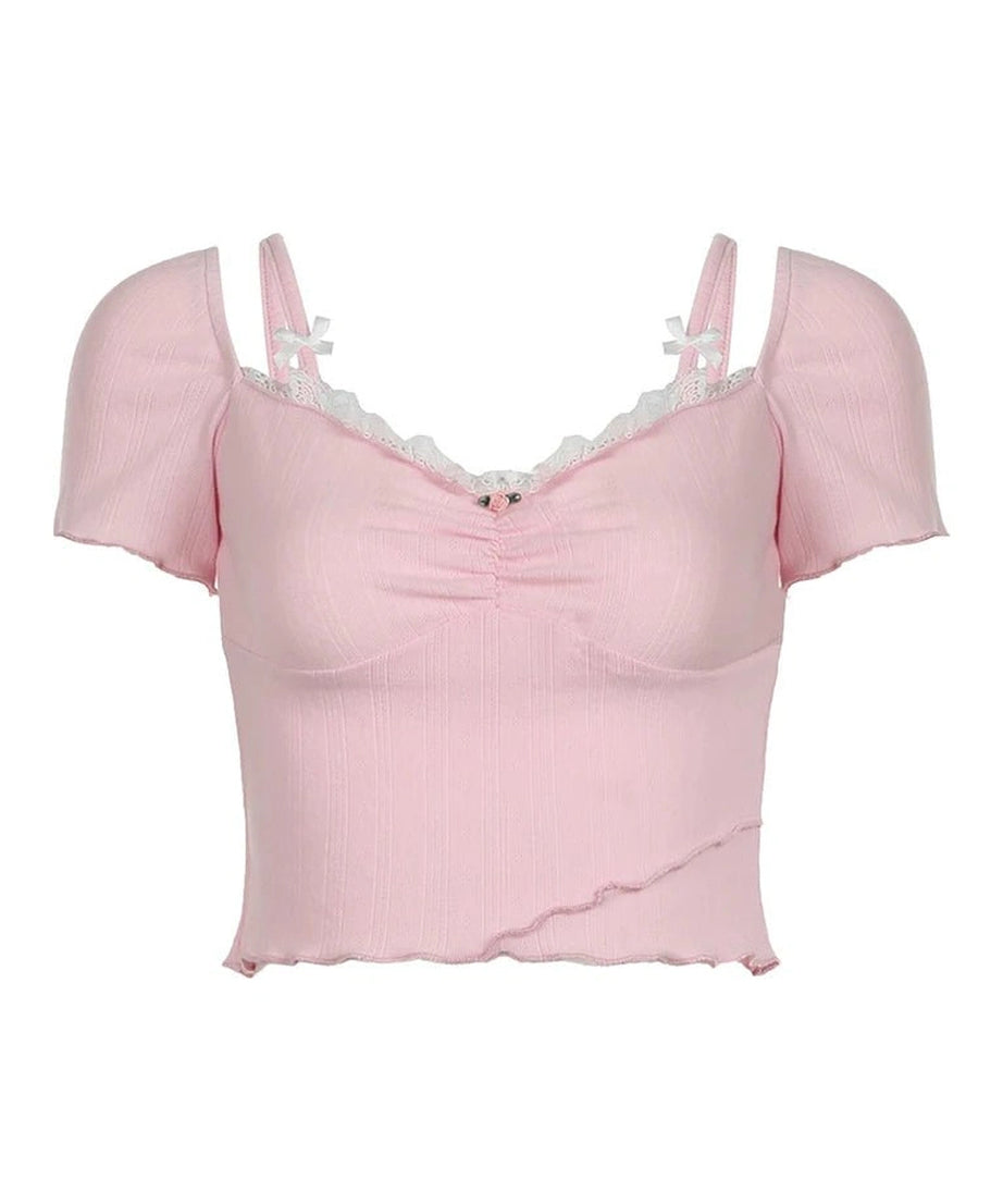 Pink Lace Bow Trim Crop Top - Crop Tops