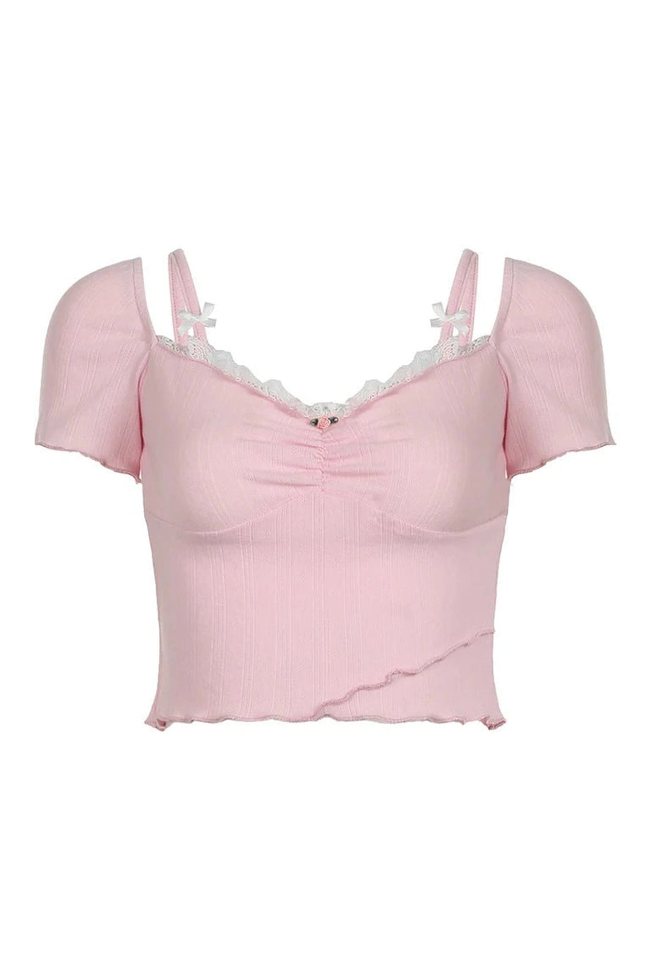 Pink Lace Bow Trim Crop Top - Crop Tops