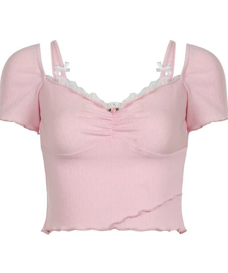 Pink Lace Bow Trim Crop Top - Crop Tops