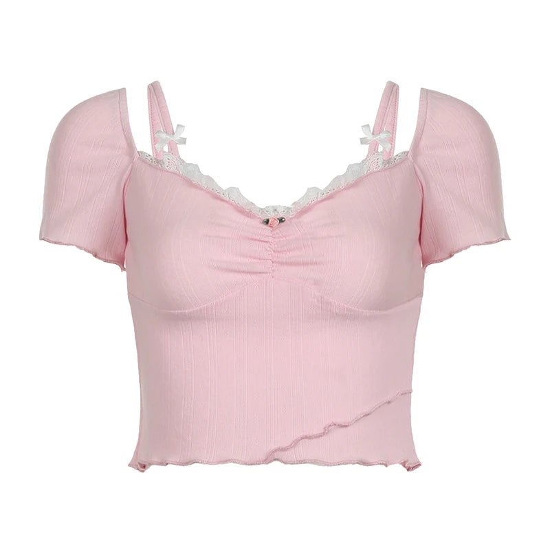 Pink Lace Bow Trim Crop Top - Crop Tops