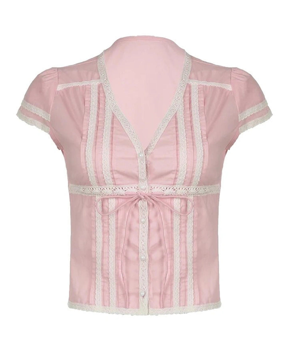 Pink Lace Trim Bow Blouse - Blouses