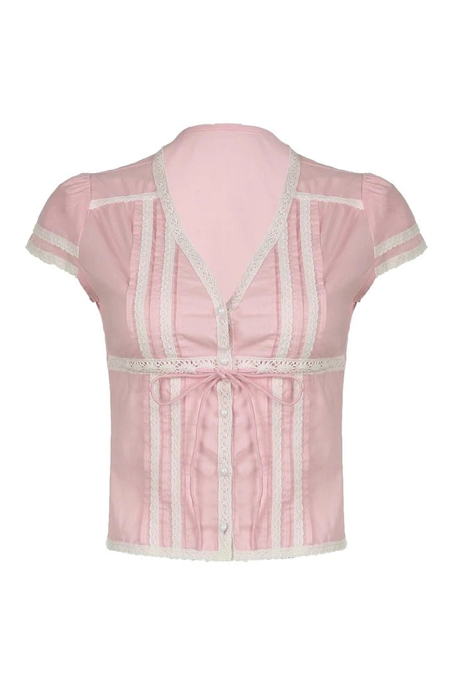 Pink Lace Trim Bow Blouse - Blouses