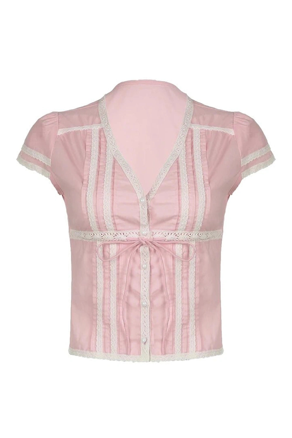 Pink Lace Trim Bow Blouse - Blouses