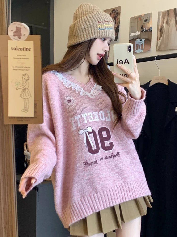 Pink Lace-Trim Retro Graphic Knit Sweater Pink One Size Shoptery