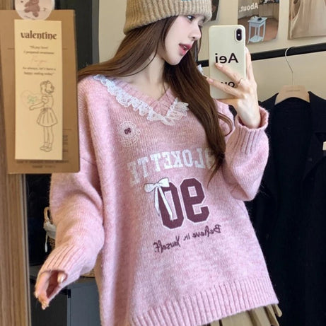Pink Lace-Trim Retro Graphic Knit Sweater Pink One Size Shoptery
