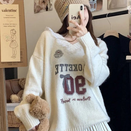 Pink Lace-Trim Retro Graphic Knit Sweater Beige white One Size Shoptery