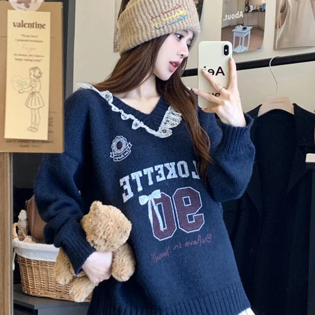 Pink Lace-Trim Retro Graphic Knit Sweater Navy One Size Shoptery