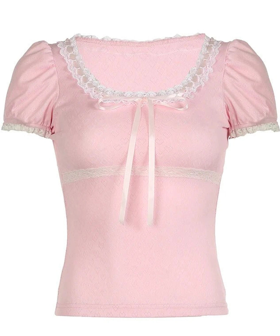 Pink Lace - Trim Puff Sleeve Top - Crop Tops