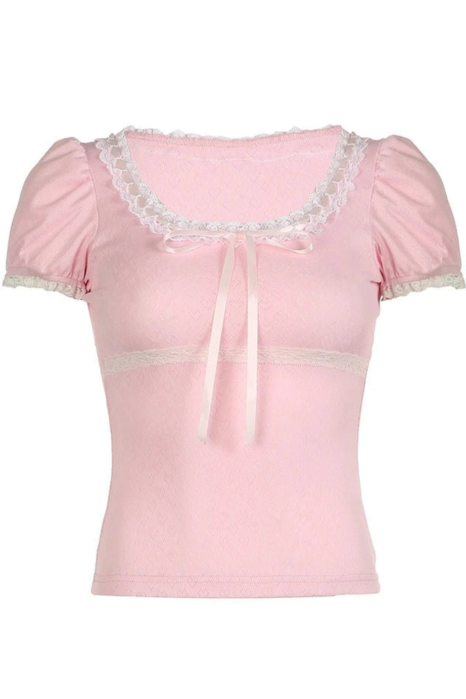 Pink Lace - Trim Puff Sleeve Top - Crop Tops