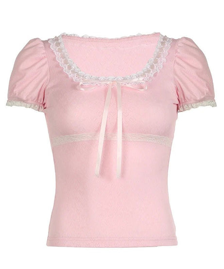 Pink Lace - Trim Puff Sleeve Top - Crop Tops