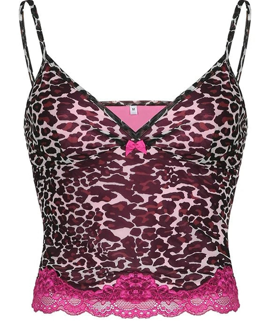 Pink Leopard Lace Trim Top - Crop Tops