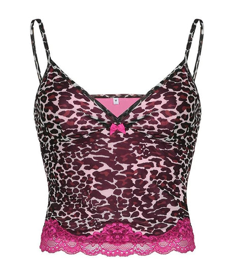 Pink Leopard Lace Trim Top - Crop Tops