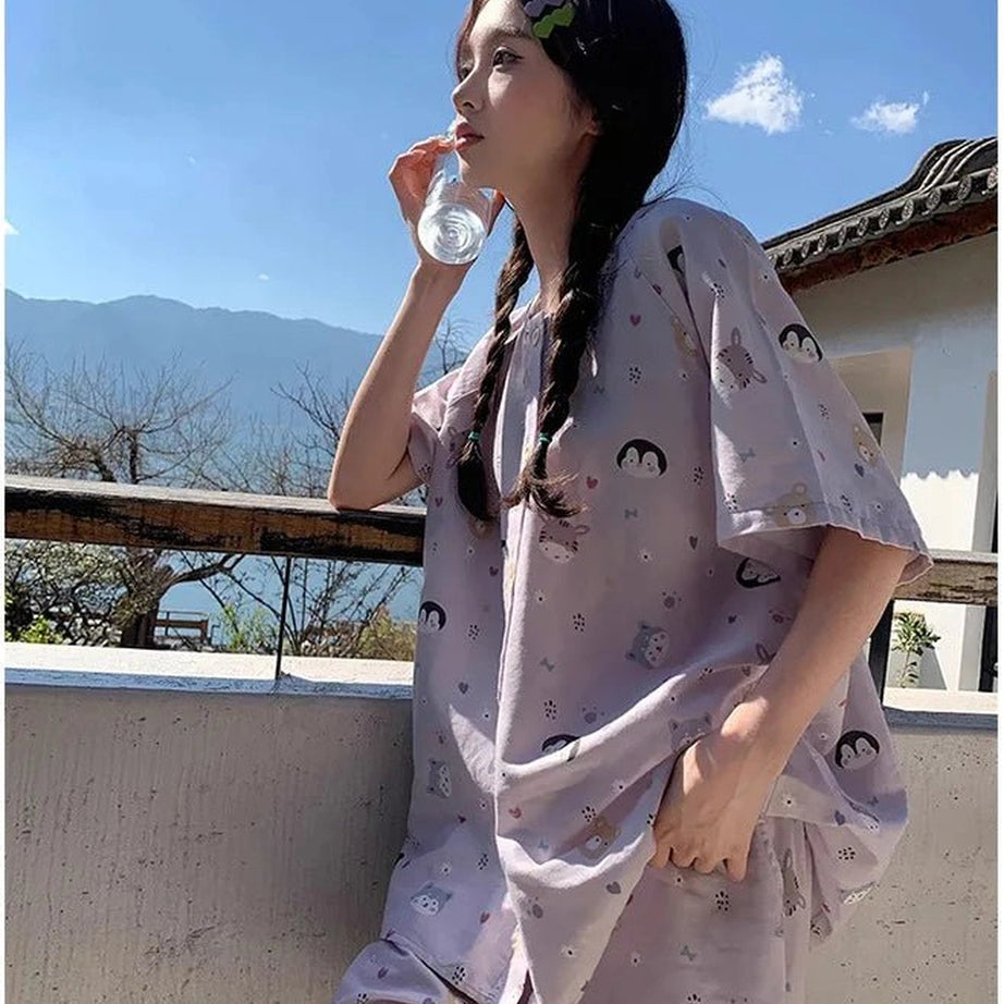 Kawaii Pink Penguin Cotton Pajamas Shoptery