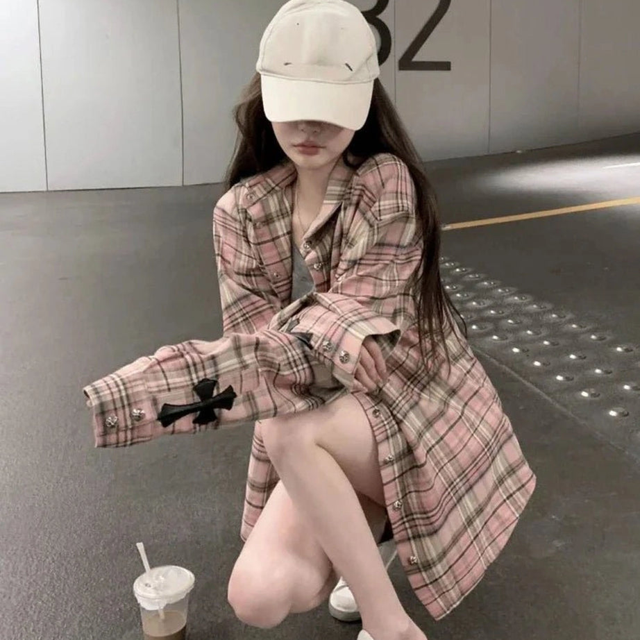 Retro Pink Plaid Button Up Shirt Shoptery