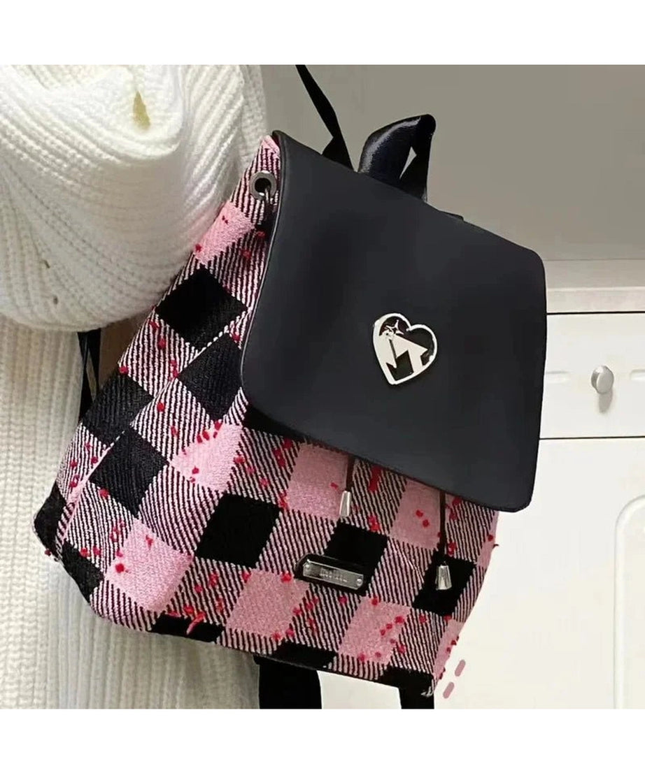 Pink Plaid Heart Backpack - Backpacks