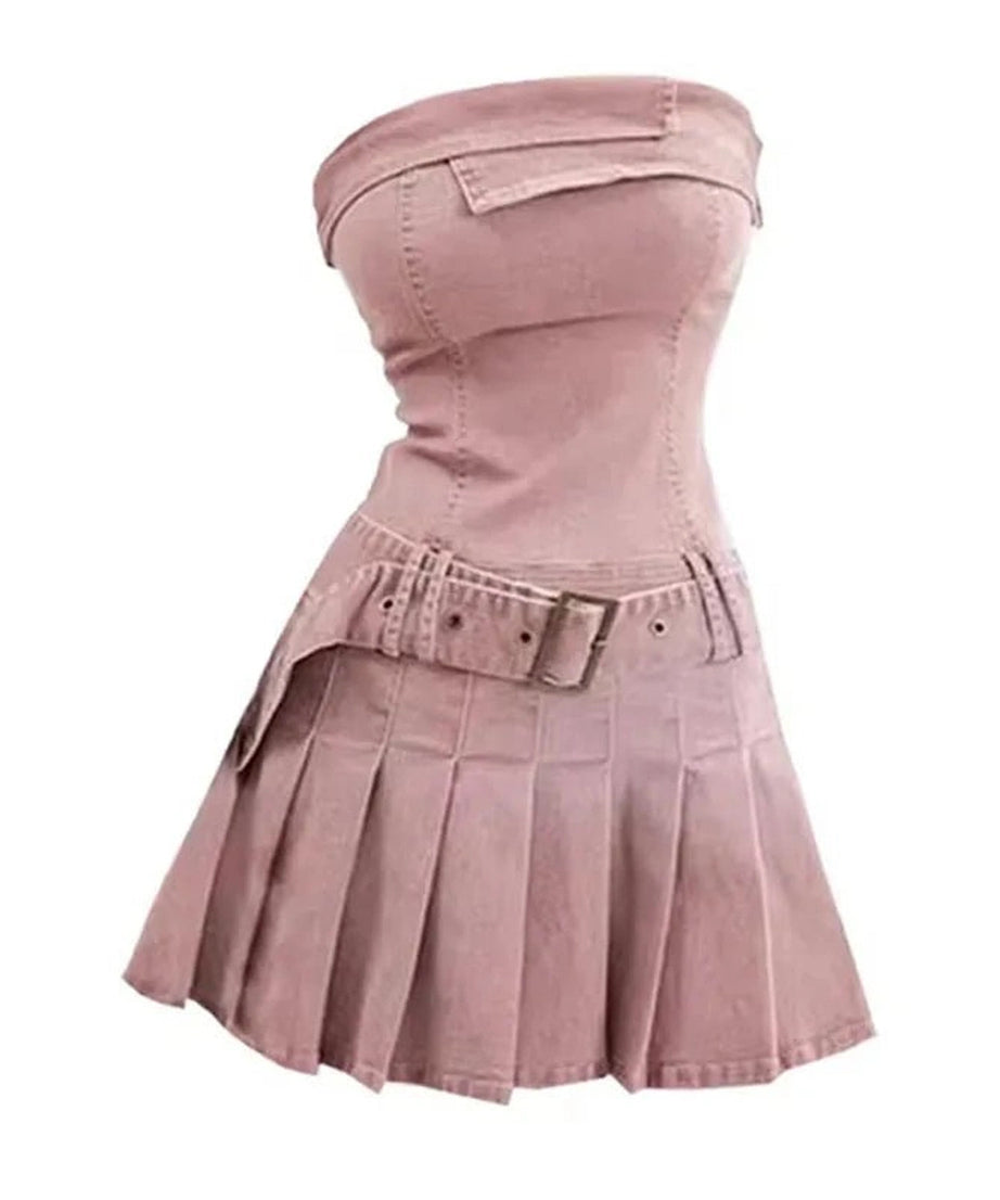 Pink Strapless Denim Dress -