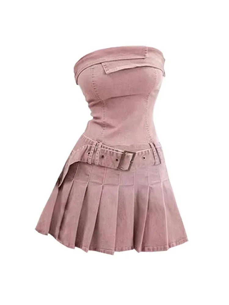 Pink Strapless Denim Dress -