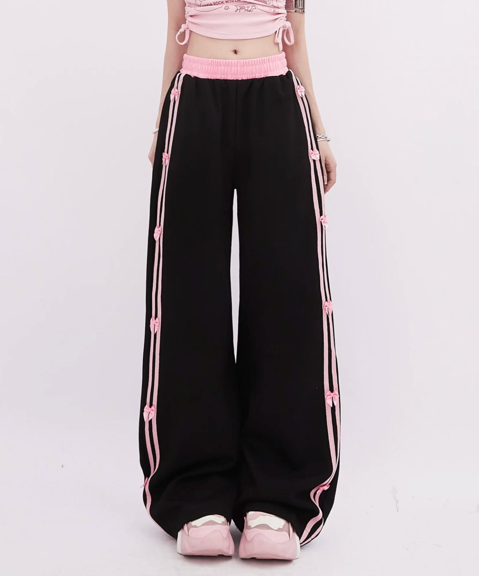 Pink - Trimmed Bow Accent Wide - Leg Pants - 